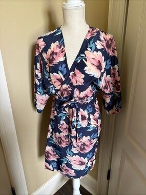 Altar’d State Intimates Floral Kimono Robe Navy Rose Pink Wrap Tie Waist S/M